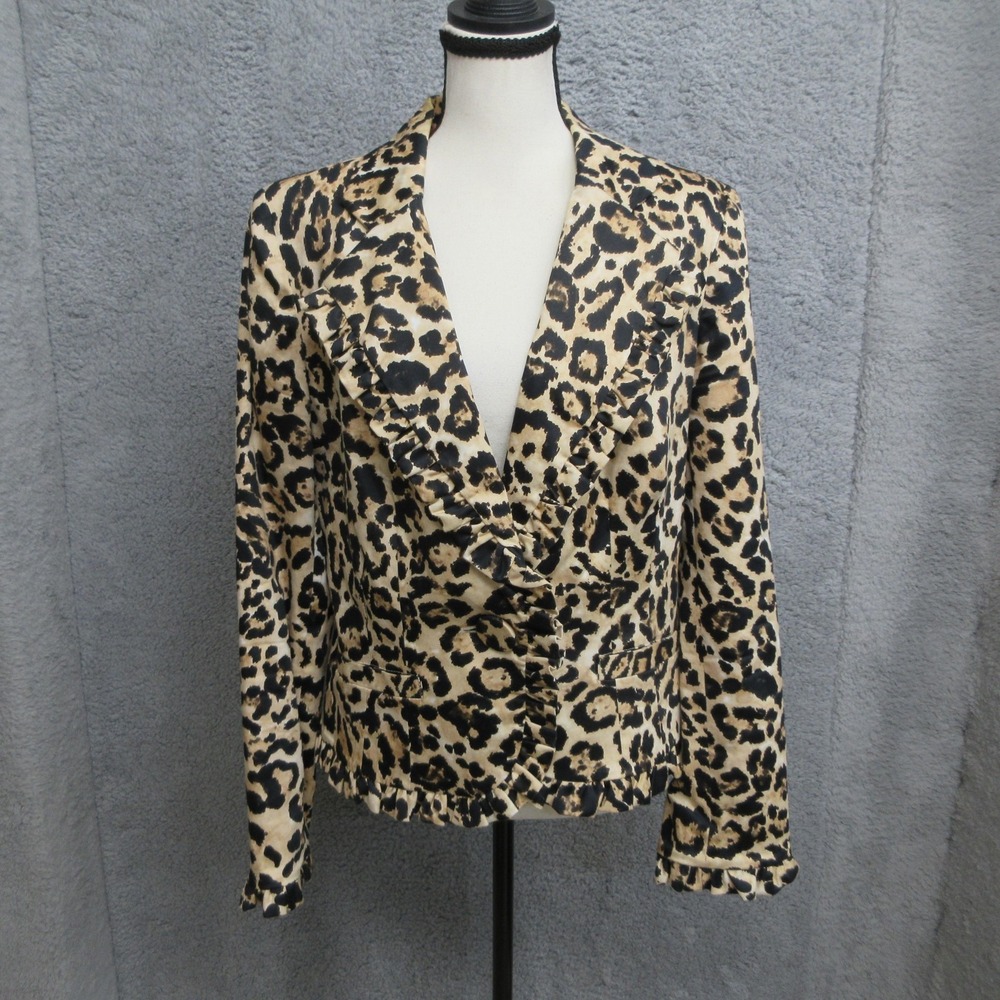 Musette Leopard Print Ruffle Blazer Jacket Womens 10 Brown Pink Lined Cropped